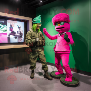 Magenta Green Beret mascot costume character dressed with a Bodysuit and Watches