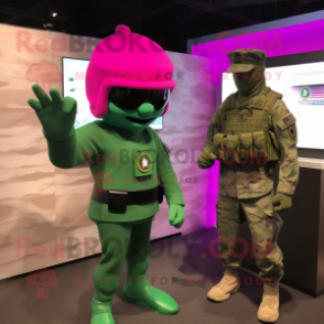 Magenta Green Beret mascot costume character dressed with a Bodysuit and Watches