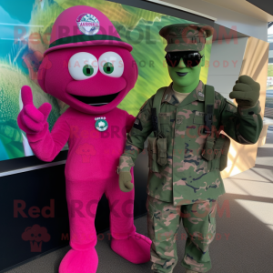 Magenta Green Beret mascot costume character dressed with a Bodysuit and Watches