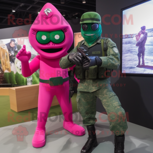 Magenta Green Beret mascot costume character dressed with a Bodysuit and Watches