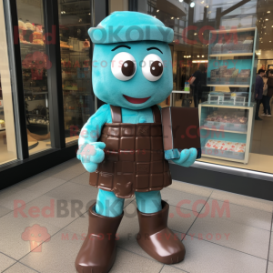 Turquoise Chocolate Bar mascot costume character dressed with a Overalls and Brooches