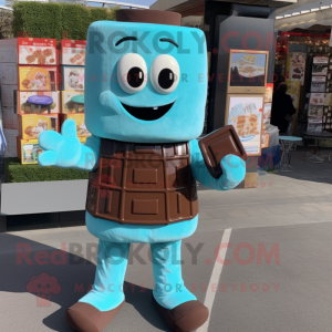 Turquoise Chocolate Bar mascot costume character dressed with a Overalls and Brooches