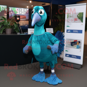Teal Guinea Fowl mascot costume character dressed with a Jeggings and Keychains