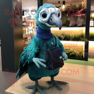 Teal Guinea Fowl mascot costume character dressed with a Jeggings and Keychains
