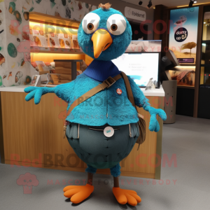 Teal Guinea Fowl mascot costume character dressed with a Jeggings and Keychains