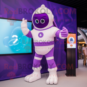 Purple Astronaut mascot costume character dressed with a One-Piece Swimsuit and Digital watches