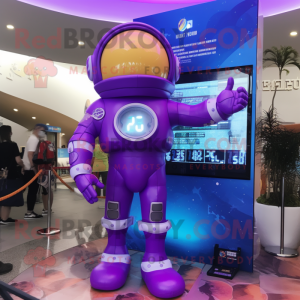 Purple Astronaut mascot costume character dressed with a One-Piece Swimsuit and Digital watches