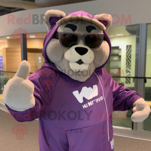 Lavender Mountain Lion mascot costume character dressed with a Hoodie and Sunglasses
