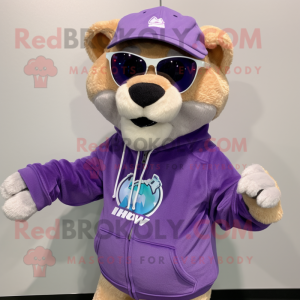 Lavender Mountain Lion mascot costume character dressed with a Hoodie and Sunglasses