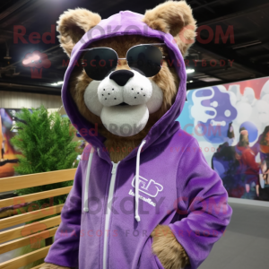 Lavender Mountain Lion mascot costume character dressed with a Hoodie and Sunglasses