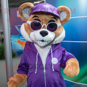 Lavender Mountain Lion mascot costume character dressed with a Hoodie and Sunglasses