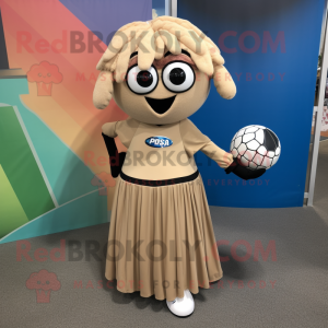 Tan Soccer Goal mascot costume character dressed with a Maxi Skirt and Messenger bags