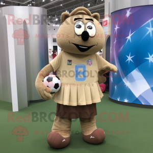 Tan Soccer Goal mascot costume character dressed with a Maxi Skirt and Messenger bags