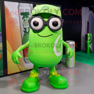 Lime Green Soda Can mascot costume character dressed with a Cargo Shorts and Eyeglasses