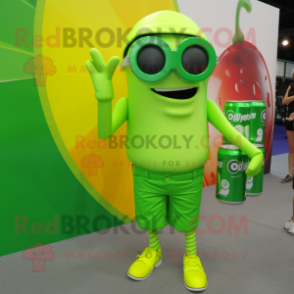 Lime Green Soda Can mascot costume character dressed with a Cargo Shorts and Eyeglasses