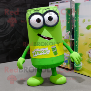 Lime Green Soda Can mascot costume character dressed with a Cargo Shorts and Eyeglasses