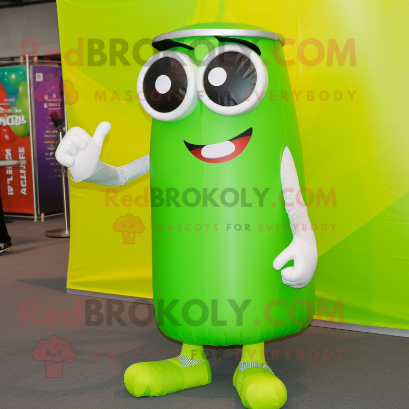 Lime Green Soda Can mascot costume character dressed with a Cargo Shorts and Eyeglasses