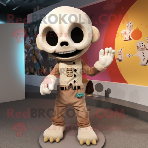 Beige Skull mascot costume character dressed with a Romper and Mittens