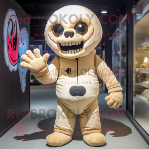 Beige Skull mascot costume character dressed with a Romper and Mittens