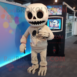 Beige Skull mascot costume character dressed with a Romper and Mittens