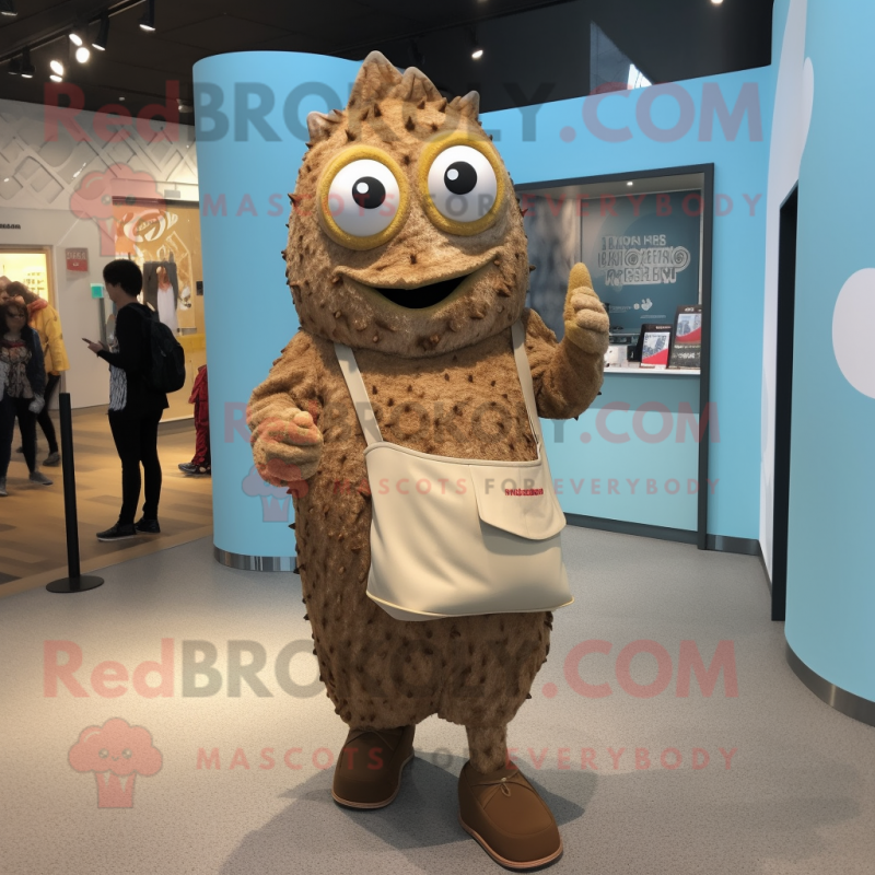 Brown Fish And Chips mascot costume character dressed with a Romper and Handbags Brown Fish And Chips mascot costume character dressed with a Romper and Handbags