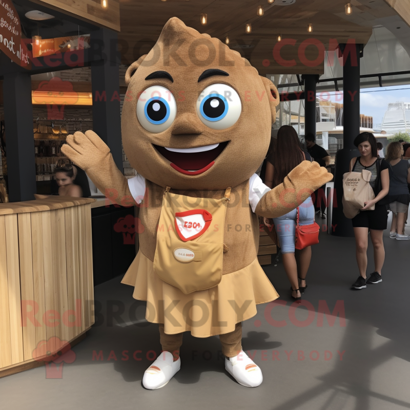 Brown Fish And Chips mascot costume character dressed with a Romper and Handbags Brown Fish And Chips mascot costume character dressed with a Romper and Handbags