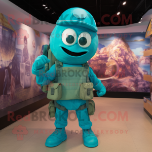 Turquoise Soldier mascot costume character dressed with a Bikini and Backpacks