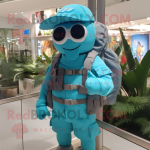 Turquoise Soldier mascot costume character dressed with a Bikini and Backpacks