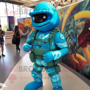 Turquoise Soldier mascot costume character dressed with a Bikini and Backpacks