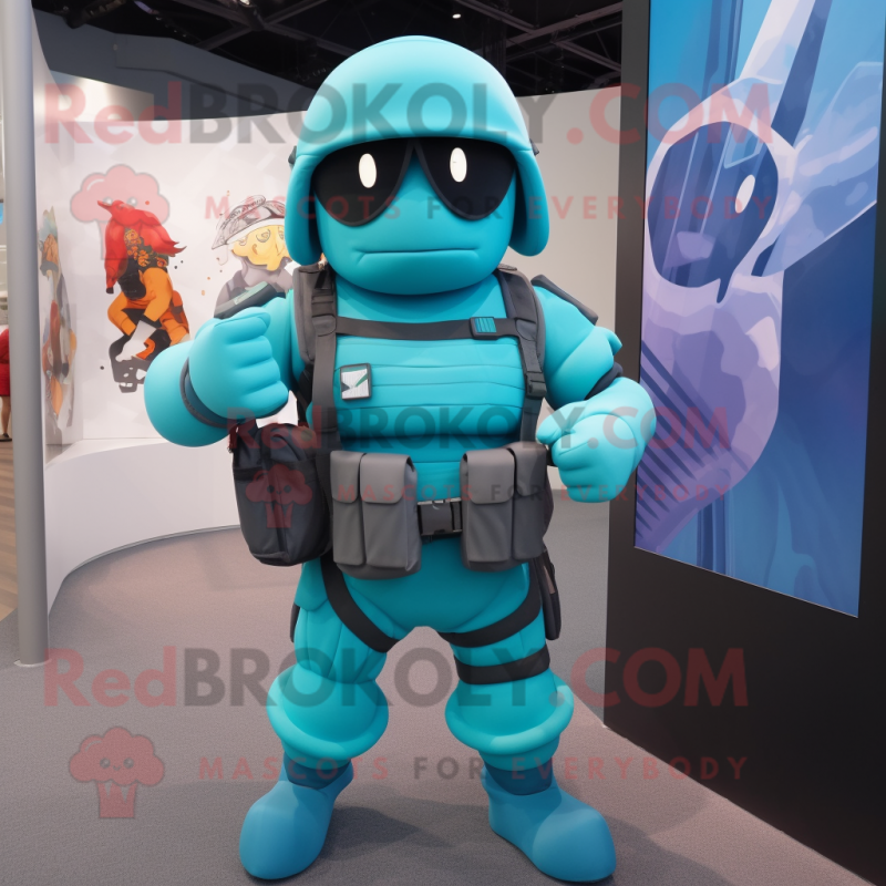 Turquoise Soldier mascot costume character dressed with a Bikini and Backpacks