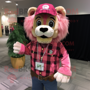Pink Tamer Lion mascot costume character dressed with a Flannel Shirt and Lapel pins