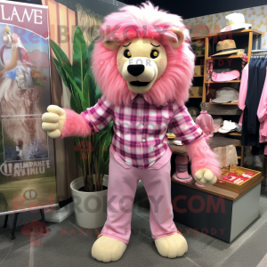 Pink Tamer Lion mascot costume character dressed with a Flannel Shirt and Lapel pins