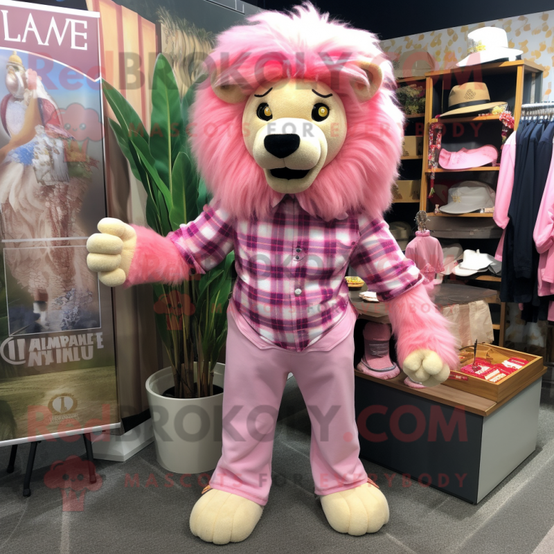 Pink Tamer Lion mascot costume character dressed with a Flannel Shirt and Lapel pins Pink Tamer Lion mascot costume character dressed with a Flannel Shirt and Lapel pins