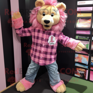 Pink Tamer Lion mascot costume character dressed with a Flannel Shirt and Lapel pins