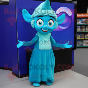 Cyan Elf mascot costume character dressed with a Maxi Skirt and Headbands