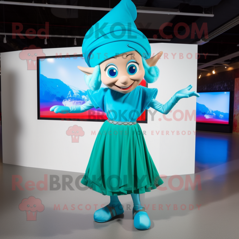 Cyan Elf mascot costume character dressed with a Maxi Skirt and Headbands