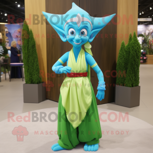 Cyan Elf mascot costume character dressed with a Maxi Skirt and Headbands
