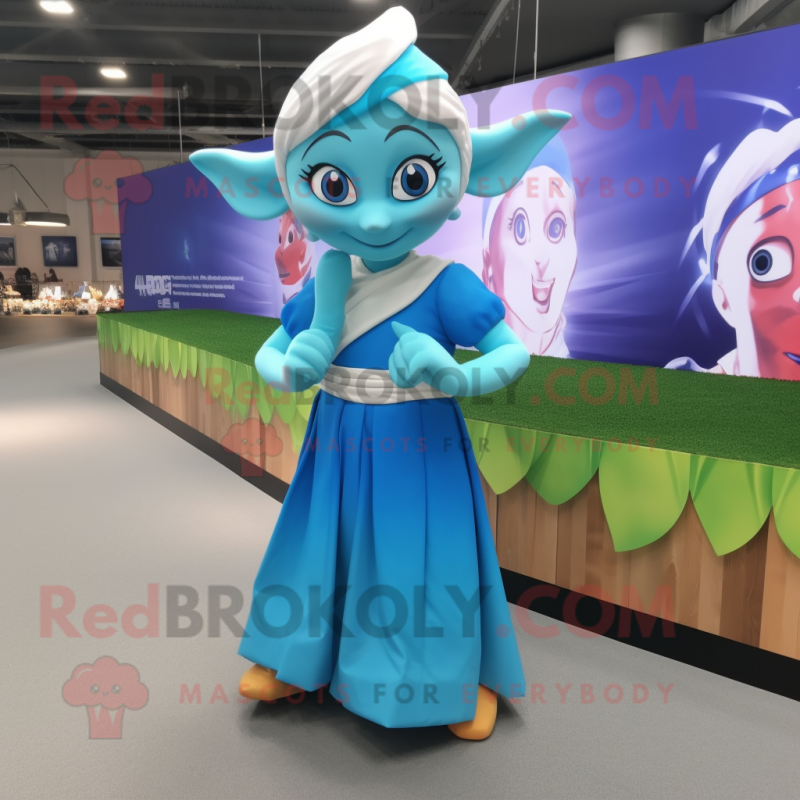 Cyan Elf mascot costume character dressed with a Maxi Skirt and Headbands