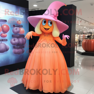 Peach Witch mascot costume character dressed with a Evening Gown and Hat pins