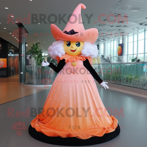 Peach Witch mascot costume character dressed with a Evening Gown and Hat pins
