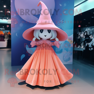 Peach Witch mascot costume character dressed with a Evening Gown and Hat pins