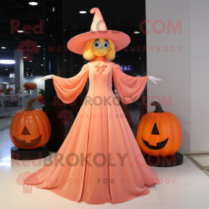 Peach Witch mascot costume character dressed with a Evening Gown and Hat pins