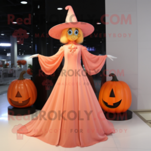 Peach Witch mascot costume character dressed with a Evening Gown and Hat pins