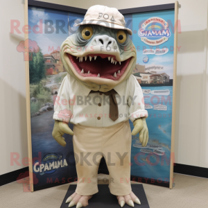 Cream Piranha mascot costume character dressed with a Oxford Shirt and Hat pins