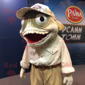 Cream Piranha mascot costume character dressed with a Oxford Shirt and Hat pins