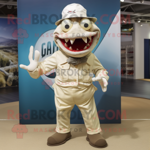 Cream Piranha mascot costume character dressed with a Oxford Shirt and Hat pins
