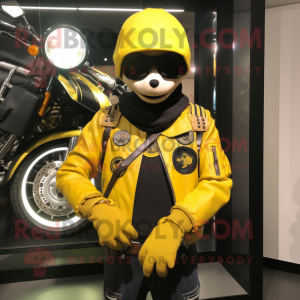 Yellow Hourglass mascot costume character dressed with a Biker Jacket and Bracelets