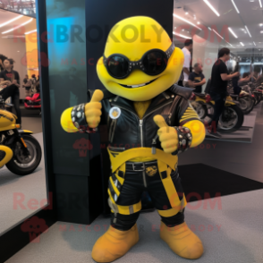 Yellow Hourglass mascot costume character dressed with a Biker Jacket and Bracelets