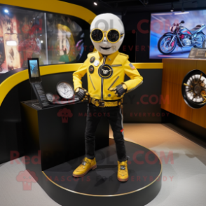 Yellow Hourglass mascot costume character dressed with a Biker Jacket and Bracelets