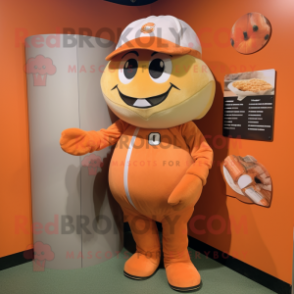 Orange Pumpkin mascot costume character dressed with a Baseball Tee and Cummerbunds